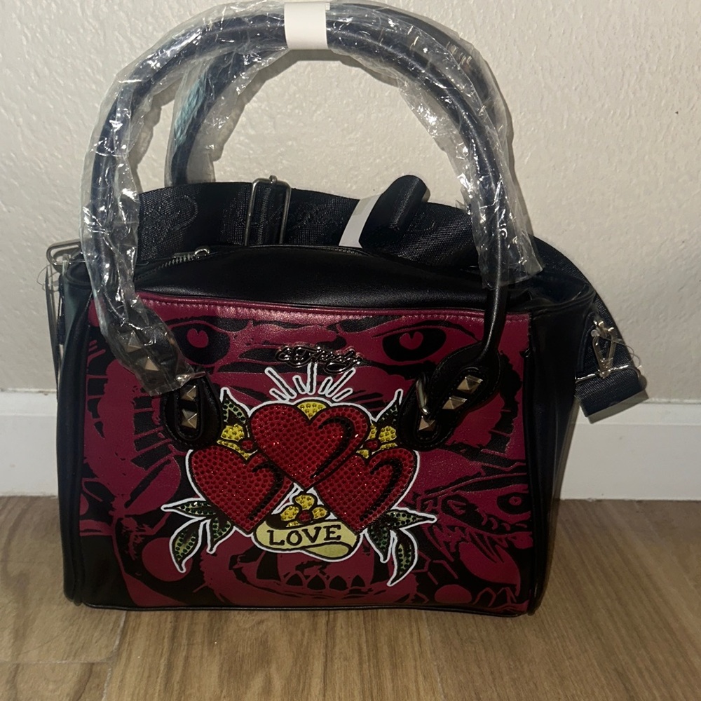 Ed Hardy Black and Deep Red Heart Graphic Lunch Bag NWT